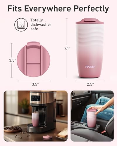 TOURIT 16 oz Insulated Travel Coffee Mug Stainless Steel Tumbler, Lilac | Vacuum insulated travel mug with ripple-wave anti-slip grip, leakproof lid & silicone bottom, fits standard car cup holders - color: Lilac, size: 16 Ounces