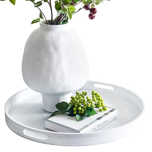 19.6" Extra Large Round Wooden Decorative Tray with Handles,White | Wooden Serving Tray for Coffee Table,Kitchen Counter,bandejas decorativas - color: White, size: 19.6"