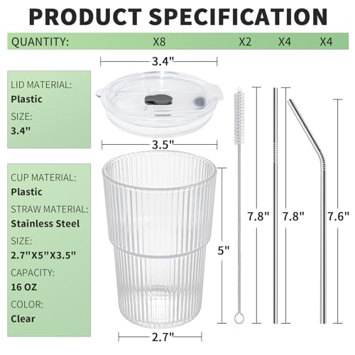 16 OZ Reusable Iced Coffee Cups with Lids and Straws, Unbreakable Plastic Drinking Glasses for Iced Tea, Juice, Water, BPA Free, Dishwasher Safe, Set of 8 - style: 8 pack