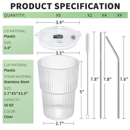 16 OZ Reusable Iced Coffee Cups with Lids and Straws, Unbreakable Plastic Drinking Glasses for Iced Tea, Juice, Water, BPA Free, Dishwasher Safe, Set of 8 - style: 8 pack