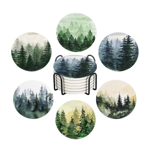 Drink Coasters for Drinks Set of 6, Watercolor Landscape Pine Forest Absorbent Round Ceramic Stone Mat Coaster, with Cork Base and Metal Holder, Home Bar Decor House Warming Gift - color: Pine Forest, size: Round