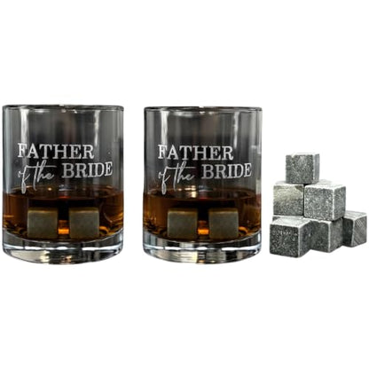Father of the Bride Whiskey Glass Gift Set, 2 Engraved Rocks Glasses with Whiskey Stones, Wedding Gift (12 Ounce) - size: 12 Ounces