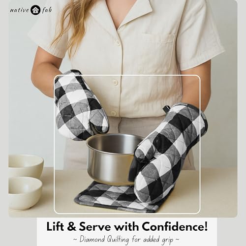Native Fab Buffalo Plaid Check Oven Mitts and Pot Holders Set of 4, 100% Cotton Heat Resistant Kitchen Gloves, 2 Oven Mitts (7x13), 2 Pot Holders (8x8) for Cooking & Baking, Black White - color: Buffalo, Black
