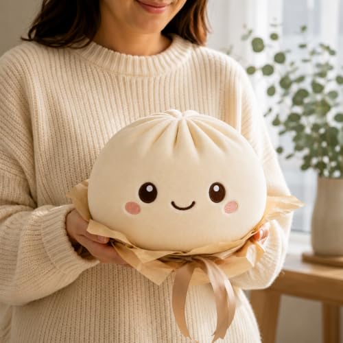 Juju Bao Bun Cushion - Soft Velvet Round Steamed Bun Throw Pillow with Embroidered Face for Sofa and Bed Decor