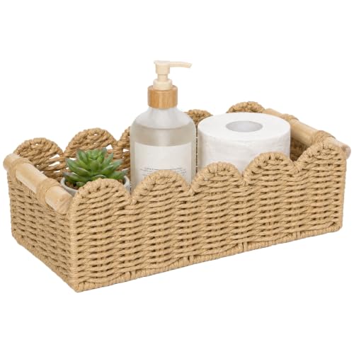 Toilet Paper Storage Basket, Handwoven Paper Rope Scalloped Shelf Basket | Gasvadivum Wicker Basket Organizer with 2 Wooden Handles, Square Storage Bin for Bathroom, Bedroom, Countertop, Neutral - color: Neutral