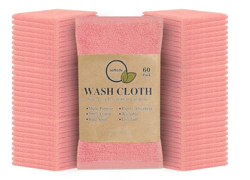 100% Cotton Washcloths 60 Pack (12x12 Inches) Soft, Highly Absorbent Washcloth, Face Towels, Wash Cloths for Face, Ring Spun, Bulk Pack (Pink) - color: Pink, size: 60 Pack