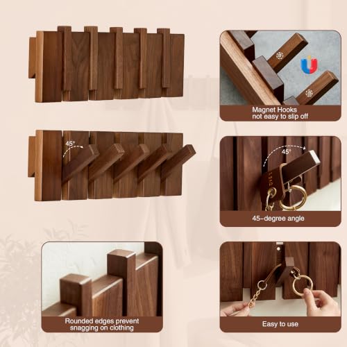 Coat Rack Wall Mount, Walnut 5 Flip-Down Picket Hanger Hooks for Entryway | Heavy Duty 5 Hook Wall Hanger for Coats, Hats, Keys, Bags, Space Saving Hallways Bedroom Bathroom Mounting, Hardware Included - size: 5 Hooks