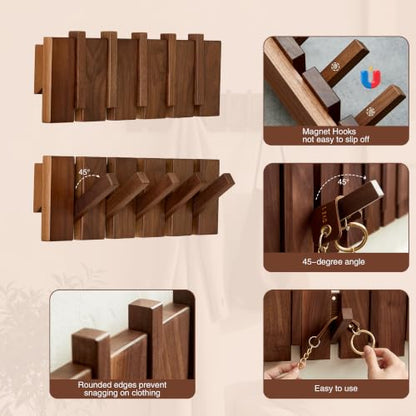 Coat Rack Wall Mount, Walnut 5 Flip-Down Picket Hanger Hooks for Entryway | Heavy Duty 5 Hook Wall Hanger for Coats, Hats, Keys, Bags, Space Saving Hallways Bedroom Bathroom Mounting, Hardware Included - size: 5 Hooks