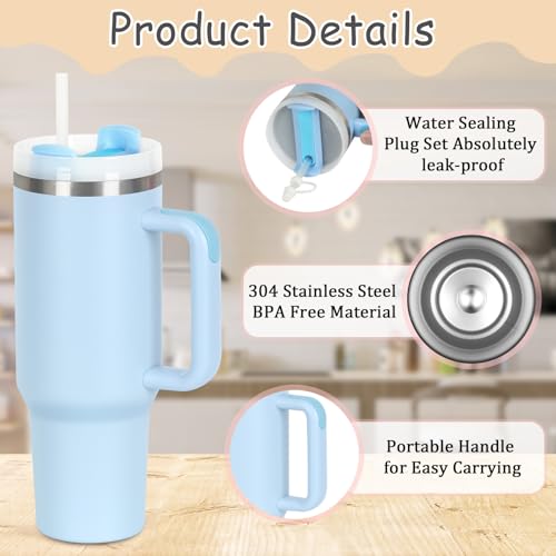 4 Pack 40 Oz Tumblers with Handle Bulk, Double Wall Vacuum Insulated Stainless Steel Tumblers with Lid and Straw, 40 oz Cups with Silicone Spill Proof Stopper Set (Sky Blue) - color: Sky Blue