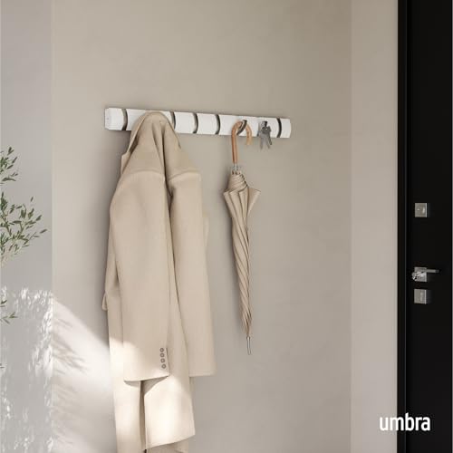 Umbra Flip Coat Rack, Wall Mount 8-Hook, Space Saving, White | Real wood and steel build, retractable hooks fold flat, holds coats bags and scarves, easy install - color: White/Nickel, size: 8-Hook
