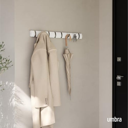 Umbra Flip Coat Rack, Wall Mount 8-Hook, Space Saving, White | Real wood and steel build, retractable hooks fold flat, holds coats bags and scarves, easy install - color: White/Nickel, size: 8-Hook