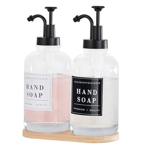 Dish and Hand Soap Dispenser,Set of 2 * 16.9oz | Glass Soap Dispenser with Black Pump,Tray,Funnel,500ML Countertop Soap and Lotion Dispenser for Kitchen, Bathroom,Shower - color: Ks-5010-34y-2b