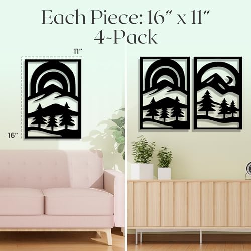 GALLERY GRACE 4-Pc Metal Mountain Landscape Wall Art, Black Wall Decor Set | 11 x 16 In Panels, Mountain, Tree and Sunrise Design, Minimalist Abstract Style, Ready to Hang, for Living Room or Bedroom - style: Abstract Landscape