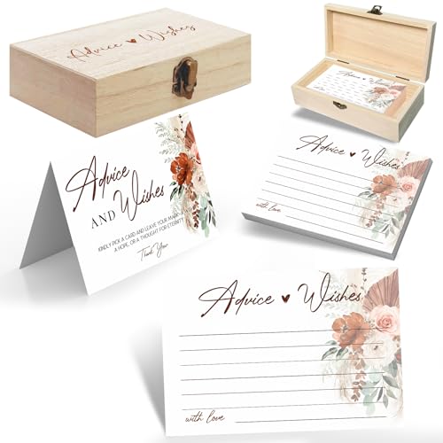Boho Wedding Advice and Wishes Cards with Wood Box - 60 Pack 250GSM Pampas Grass Mr and Mrs Message Cards - Terracotta Bridal Shower Decorations, Engagement Party Guest Book Alternative - color: BOHEMIA