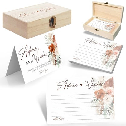 Boho Wedding Advice and Wishes Cards with Wood Box - 60 Pack 250GSM Pampas Grass Mr and Mrs Message Cards - Terracotta Bridal Shower Decorations, Engagement Party Guest Book Alternative - color: BOHEMIA