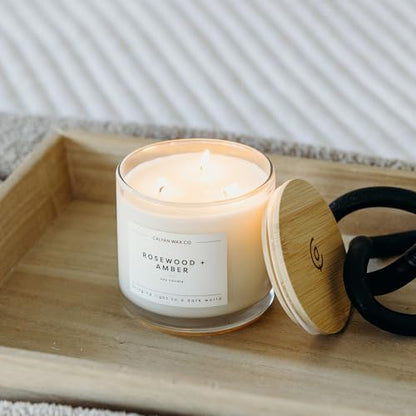 Rosewood & Amber 3 Wick Scented Candle - 43 Hour Burn | Made in the USA Luxury Clean Soy Wax Candles - Long Lasting Large Glass Jar Candle for Home - 3 Wicks - 14.9oz - color: Rosewood + Amber