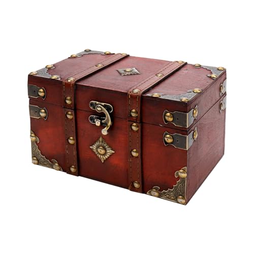 KUMGROT 1 Pcs Antique Wooden Storage Box with Clasp Vintage | Small Wooden Leather Storage Chest Trunk with Hinged Lid for Coin Collection Jewelry Keepsakes 7.09" x 4.45" 4.13" - style: Red Box