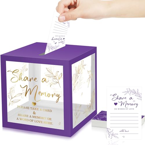 Pajean 50 Pcs Greenery Share a Memory Card for Celebration of Life Cards Box with Clear Windows Memory Box for Funeral Wedding Birthday Graduation Bridal Shower Guest Card Ideas(Clear,Purple Gold) - color: Purple Gold