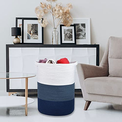 Cotton Rope Blanket Basket, 72L Tall Laundry Hamper, White & Blue | 16"x 22", Large Collapsible Woven Nursery Hamper with Sturdy Handles for Clothes Toys Towels, Bedroom Living Room Bathroom - color: White & Cadet Blue & Navy Blue, size: 72L (16"x22")