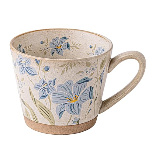 15oz Vintage Floral Ceramic Coffee Mug for Latte, Hot Tea | Hand-Painted Lead-Free Tea Cup with Comfort Handle, Microwave & Dishwasher Safe for Home Office & Gift for Women - color: Light Blue Floral