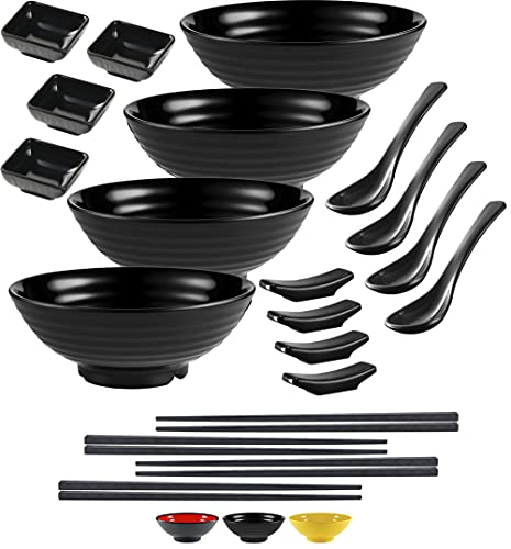 4 Noodle Bowls Set - large 32oz Ramen Bowl Set for authentic Asian Cuisine - with Dipping Bowls, Spoons, Chopsticks & Chopstick Stands. Enjoy Thai Miso Udon Wonton (4 Bowl Set, Black) - color: Black, size: 4 Bowl Set