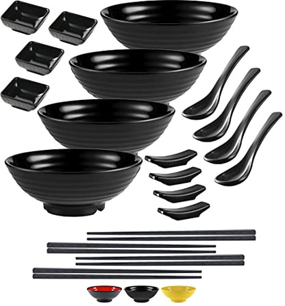 4 Noodle Bowls Set - large 32oz Ramen Bowl Set for authentic Asian Cuisine - with Dipping Bowls, Spoons, Chopsticks & Chopstick Stands. Enjoy Thai Miso Udon Wonton (4 Bowl Set, Black) - color: Black, size: 4 Bowl Set