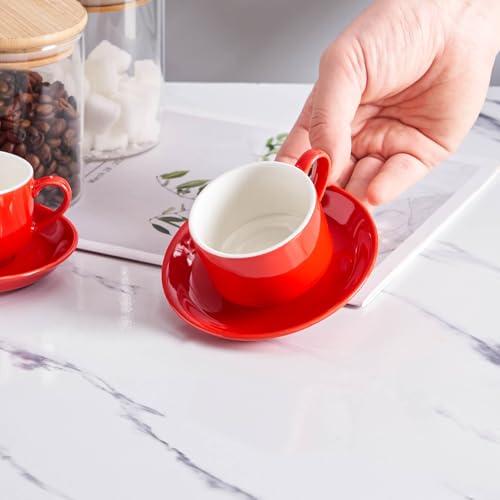 YOLIFE 2.5oz Espresso Cups Set of 4, Porcelain Stackable Espresso Cups, Expresso Shots Cup Set with Saucers and Metal Stand-Red - color: Red, size: 2.5oz