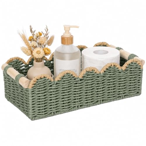 Toilet Paper Storage Basket, Handwoven Paper Rope Scalloped Shelf Basket | Gasvadivum Wicker Basket Organizer with 2 Wooden Handles, Square Storage Bin for Bathroom, Countertop,Green with Neutral Edge - color: Green with Neutral Scallop
