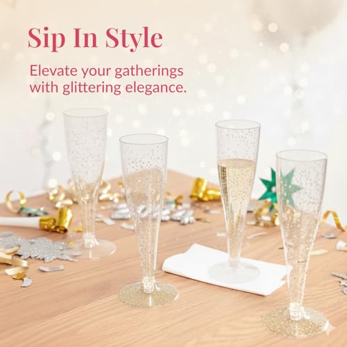 Prestee 200 Disposable Champagne Flutes Gold Glitter Glasses - 4.5 Oz Plastic Champagne Cups for Parties, Wedding Toasts, Mimosa Bar, and New Year’s Eve - Elegant Bulk Gold Plastic Wine Flutes | Disposable - color: Gold Glitter, size: 200 Count (Pack of 1