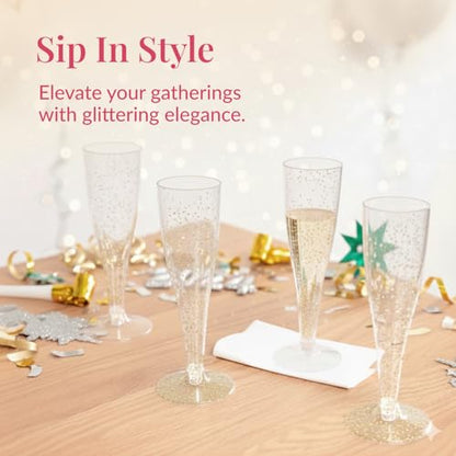 Prestee 200 Disposable Champagne Flutes Gold Glitter Glasses - 4.5 Oz Plastic Champagne Cups for Parties, Wedding Toasts, Mimosa Bar, and New Year’s Eve - Elegant Bulk Gold Plastic Wine Flutes | Disposable - color: Gold Glitter, size: 200 Count (Pack of 1