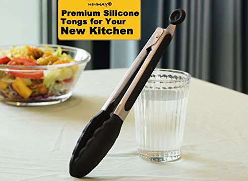 HINMAY Serving Tongs 9" Cooking Tongs with Silicone Tips, Set of 3 (Black) - color: Black