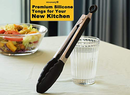 HINMAY Serving Tongs 9" Cooking Tongs with Silicone Tips, Set of 3 (Black) - color: Black