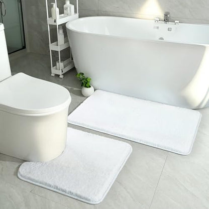 White Bathroom Rug Set 2 Piece Bath Mat 21x34'' &U Shape Toilet Rug 21x21'' | Absorbent,Washable,Non Slip Bathroom Rugs Sets,Contour Mat for Toilet - color: White