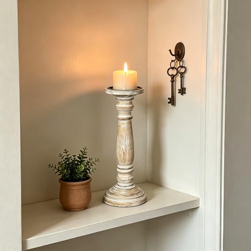 Hosley Farmhouse Wood Pillar Candle Holders Set of 2 – 12” Distressed Finish Tall Candlesticks for Table Centerpieces, Living Room, Wedding & Rustic Home Décor - size: 12 inch high x 2 Count