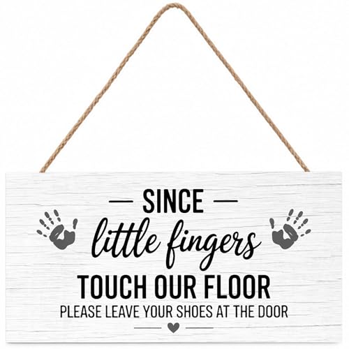 Since Little Fingers Touch Our Floor Please Take Your Shoes Off Welcome Wooden Hanging Sign for Outdoor - color: Pink