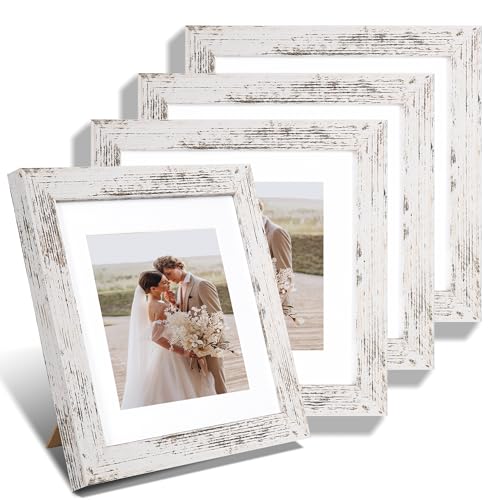 Hongkee 8x8 Picture Frames Set of 4, Made of Glass and Distressed White Wooden Frame - Display Picture 6x6 with Mat or 8 x 8 Without Mat, 8 by 8 Photo for Wall or Tabletop - color: Distressed White, size: 8x8 in