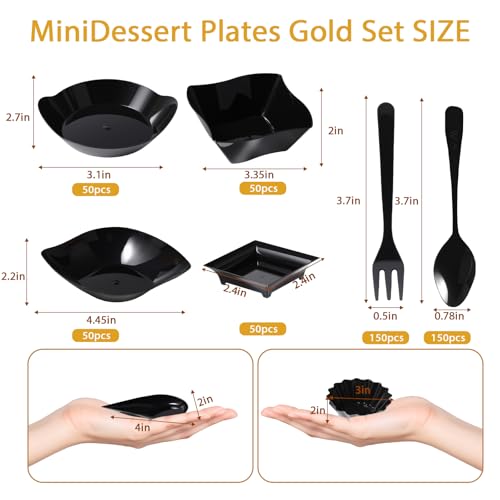 1200 Pcs Black Mini Disposable Appetizer Plates Set Include 6 Shaped Mini Dessert Plates, Fork-Spoon, Exquisite And Cute Banquet And Party Desechables Para Postres For Dessert And Appetizers - color: Black
