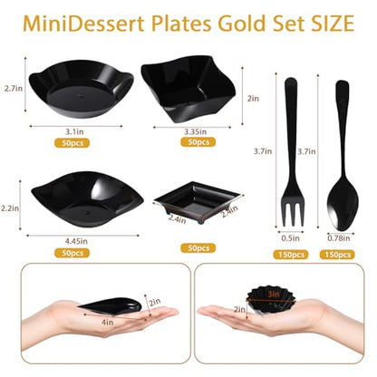 1200 Pcs Black Mini Disposable Appetizer Plates Set Include 6 Shaped Mini Dessert Plates, Fork-Spoon, Exquisite And Cute Banquet And Party Desechables Para Postres For Dessert And Appetizers - color: Black
