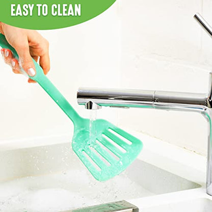 GreenLife Cooking Tools and Utensils, 7 Piece Nylon Set including Spatulas Turner Spoons and Tongs, Dishwasher Safe, Turquoise - color: Turquoise