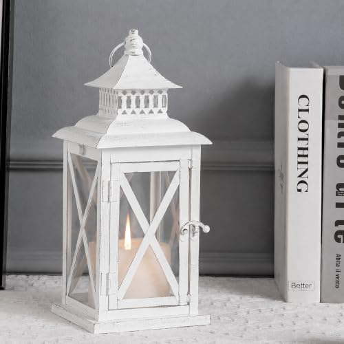 Lantern Decorative Indoor & Outdoor, Large Square Hanging Spring Home Decor, Vintage Metal Decorative Candle Lanterns for Outdoor Patio Wedding Party White with Black Brush - color: White / 14.8'' / 1 Pc