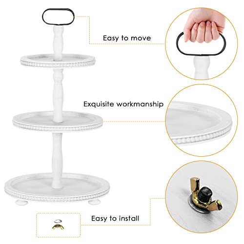 Urban Deco Wooden Tiered Tray 3-Tier Decorative Tray Stand Farmhouse Serving Tray, Round Wooden Cupcake Display Stand with Metal Handle, White Tiered Fruits Tray for Home Party Decorations - style: 3 tier-white