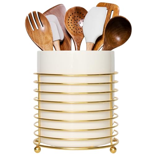 Utensil Holder for Kitchen Counter Large Cooking Utensil Holder,Gold Ring Metal Frame and White Ceramics - color: White Gold, size: XL