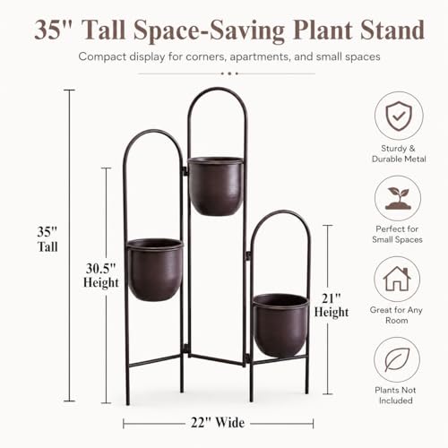 TRIROCKS 3 Tier Plant Stand with 3 Removable Metal Pots Indoor Outdoor Corner Plant Rack, 35" H Space Saving Flower Pot Holder for Living Room, Balcony, Patio & Garden(Brown) - size: 35" H