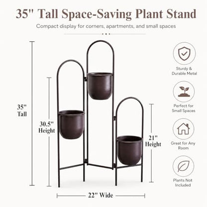 TRIROCKS 3 Tier Plant Stand with 3 Removable Metal Pots Indoor Outdoor Corner Plant Rack, 35" H Space Saving Flower Pot Holder for Living Room, Balcony, Patio & Garden(Brown) - size: 35" H