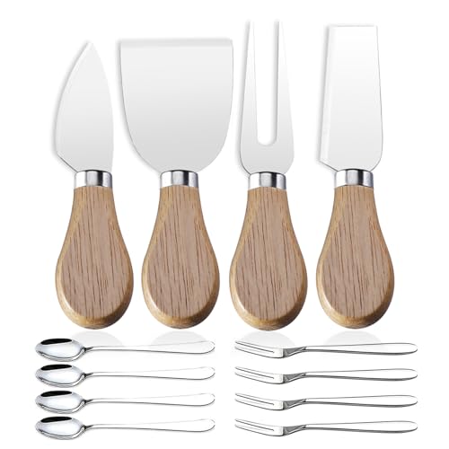 Linwnil Mini Cheese Knife Set with wood Handle - Stainless Steel Charcuterie Knife Set with 4 Fruit Forks & 4 Small Spoons - Compact Cheese Cutter Set for Charcuterie Boards