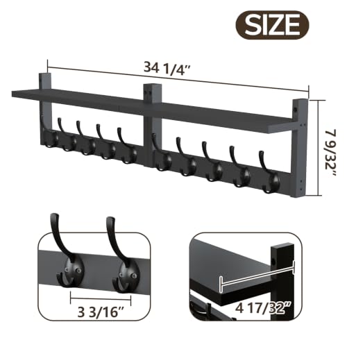 AMBIRD 34.2" Extra Long Wooden Wall Hook Rack with Shelf - Versatile and Decorative Wall-Mounted Storage with 10 Hooks for Coats, Hats, Keys - Ideal for Entryways, Bedrooms, Closets (Stylish Black) - size: 34.2 inch, style: Stylish