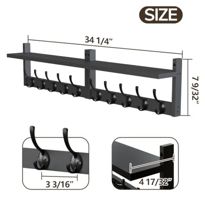 AMBIRD 34.2" Extra Long Wooden Wall Hook Rack with Shelf - Versatile and Decorative Wall-Mounted Storage with 10 Hooks for Coats, Hats, Keys - Ideal for Entryways, Bedrooms, Closets (Stylish Black) - size: 34.2 inch, style: Stylish