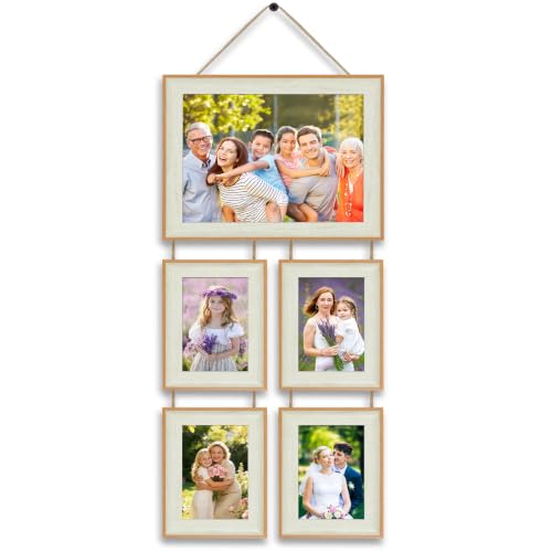 8.5x10 & 4x6 Picture Frame Hanging Wall Collage Picture Frame Set, Holds 1 Large 8.5x10 and 4 Small 4x6 Photos, 5 Openings Wall Picture Frame for Home Deor - color: Yellow and White