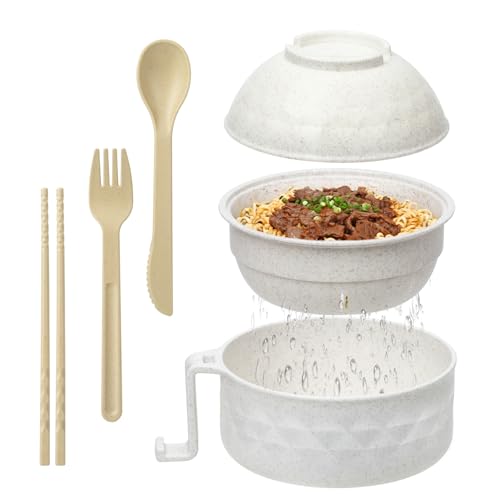 Ramen Bowl Set,Microwave Ramen Cooker Instant Noodles Bowl with Chopsticks Spoon,Rapid Ramen Noodle Bowl, Portable Noodle Bowls,for Home Office Dorm Room College gift(Beige) - color: Beige