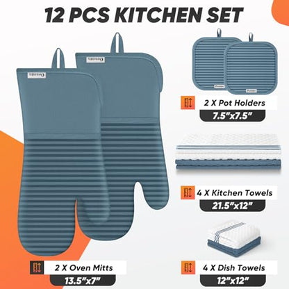 Oven Mitts Kitchen Towels and Dishcloths with Pot Holders Sets, Oven Gloves Hot Pads 500°F Heat Resistant with Silicone Grip, Include 2 Cooking Gloves/2 Potholders/4 Kitchen Towels/4 Dish Towels - color: Dusty Blue